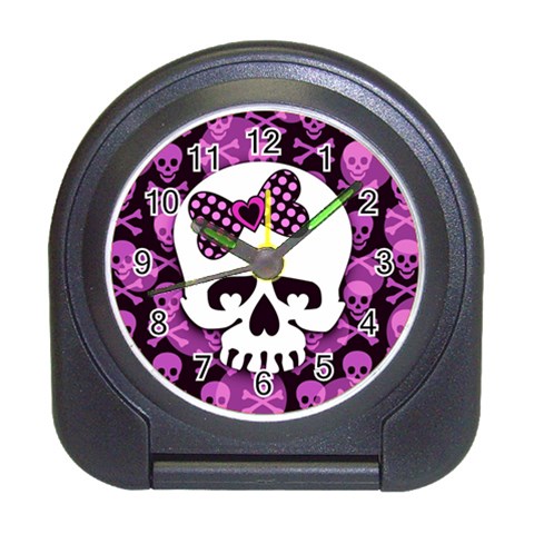 Pink Polka Dot Bow Skull Travel Alarm Clock from ArtsNow.com Front