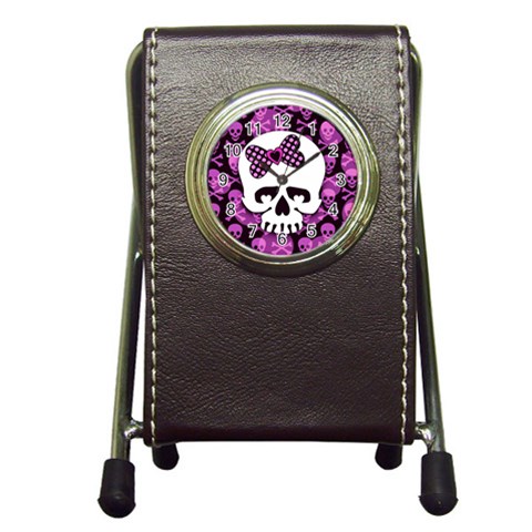 Pink Polka Dot Bow Skull Pen Holder Desk Clock from ArtsNow.com Front