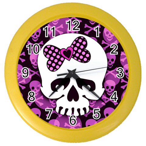 Pink Polka Dot Bow Skull Color Wall Clock from ArtsNow.com Front