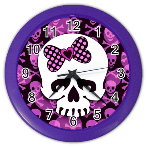 Pink Polka Dot Bow Skull Color Wall Clock from ArtsNow.com Front