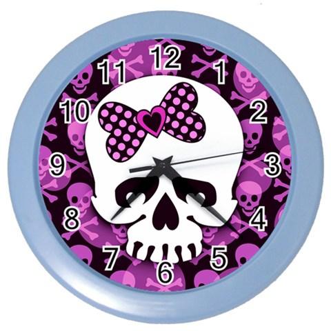 Pink Polka Dot Bow Skull Color Wall Clock from ArtsNow.com Front