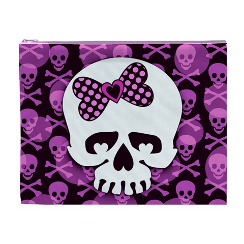 Pink Polka Dot Bow Skull Cosmetic Bag (XL) from ArtsNow.com Front