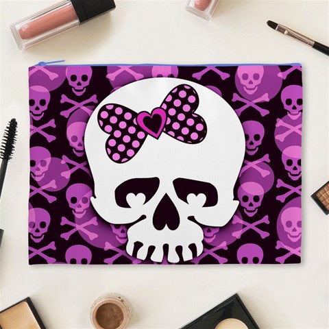 Pink Polka Dot Bow Skull Cosmetic Bag (XL) from ArtsNow.com Front