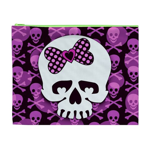 Pink Polka Dot Bow Skull Cosmetic Bag (XL) from ArtsNow.com Front