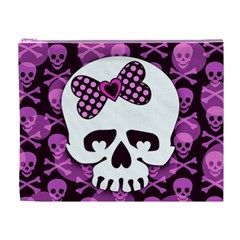 Pink Polka Dot Bow Skull Cosmetic Bag (XL) from ArtsNow.com Front