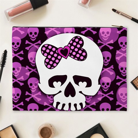 Pink Polka Dot Bow Skull Cosmetic Bag (XL) from ArtsNow.com Back