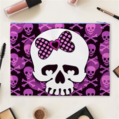 Pink Polka Dot Bow Skull Cosmetic Bag (XL) from ArtsNow.com Back