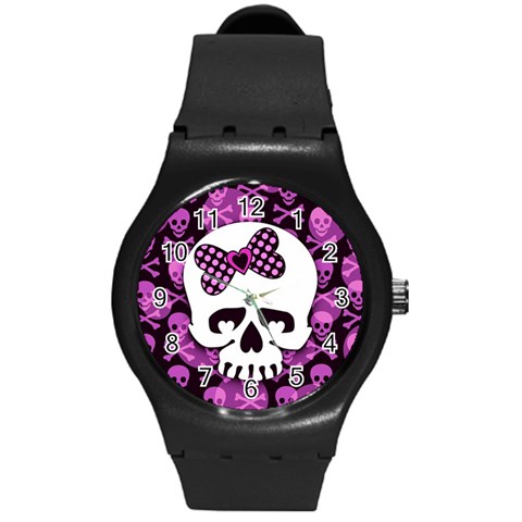 Pink Polka Dot Bow Skull Round Plastic Sport Watch Medium from ArtsNow.com Front