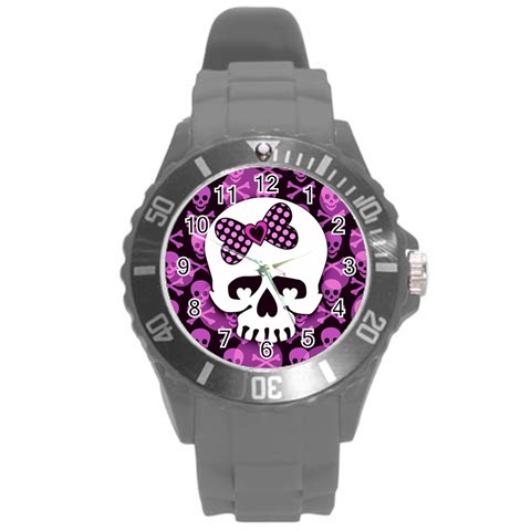 Pink Polka Dot Bow Skull Round Plastic Sport Watch Large from ArtsNow.com Front