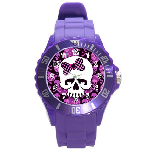 Pink Polka Dot Bow Skull Round Plastic Sport Watch Large from ArtsNow.com Front