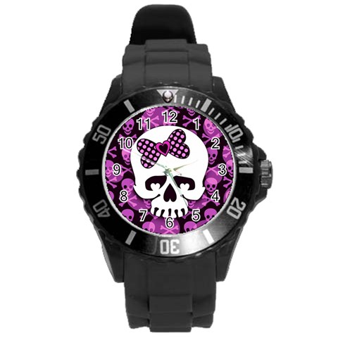 Pink Polka Dot Bow Skull Round Plastic Sport Watch Large from ArtsNow.com Front