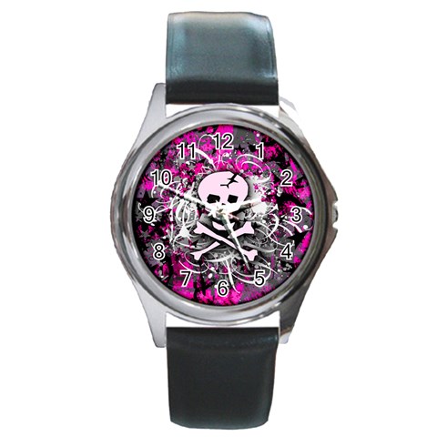 Pink Skull Splatter Round Metal Watch from ArtsNow.com Front