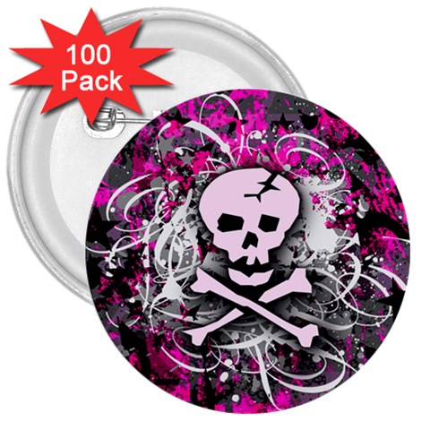 Pink Skull Splatter 3  Button (100 pack) from ArtsNow.com Front