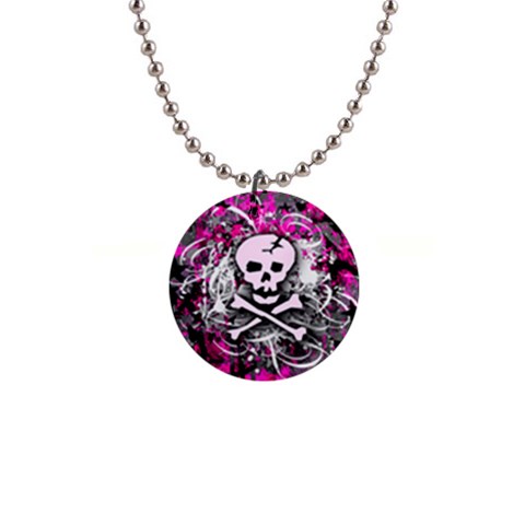 Pink Skull Splatter 1  Button Necklace from ArtsNow.com Front