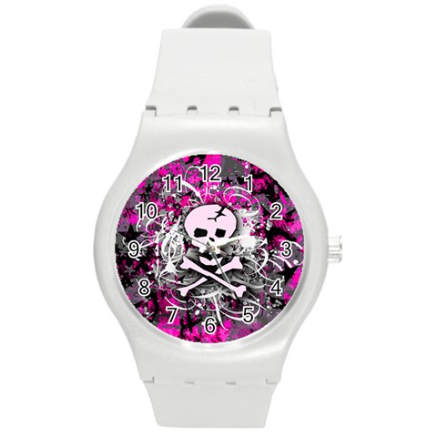 Pink Skull Splatter Round Plastic Sport Watch Medium from ArtsNow.com Front