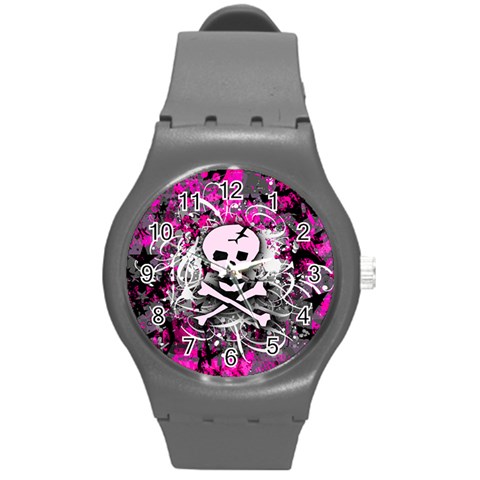 Pink Skull Splatter Round Plastic Sport Watch Medium from ArtsNow.com Front