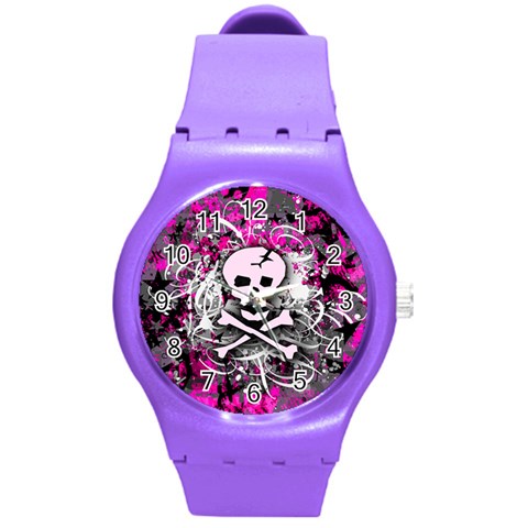 Pink Skull Splatter Round Plastic Sport Watch Medium from ArtsNow.com Front