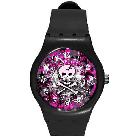 Pink Skull Splatter Round Plastic Sport Watch Medium from ArtsNow.com Front