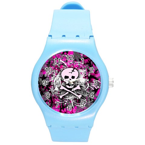 Pink Skull Splatter Round Plastic Sport Watch Medium from ArtsNow.com Front