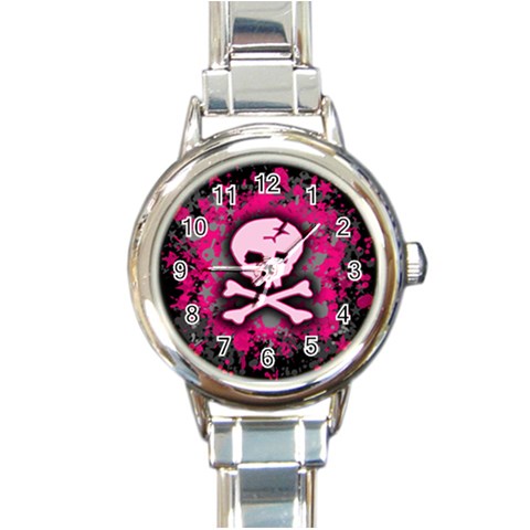 Pink Skull Star Splatter Round Italian Charm Watch from ArtsNow.com Front