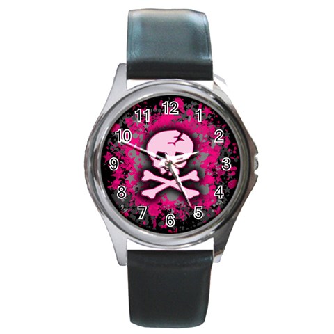 Pink Skull Star Splatter Round Metal Watch from ArtsNow.com Front