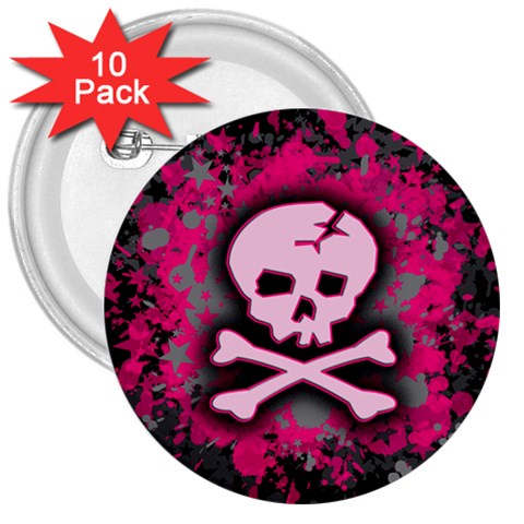 Pink Skull Star Splatter 3  Button (10 pack) from ArtsNow.com Front