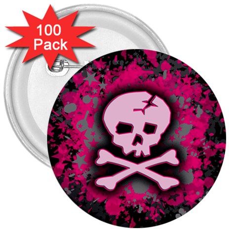 Pink Skull Star Splatter 3  Button (100 pack) from ArtsNow.com Front