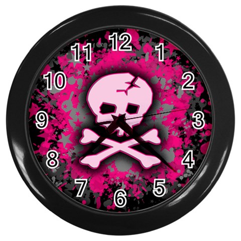 Pink Skull Star Splatter Wall Clock (Black) from ArtsNow.com Front