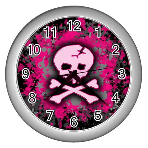 Pink Skull Star Splatter Wall Clock (Silver) from ArtsNow.com Front