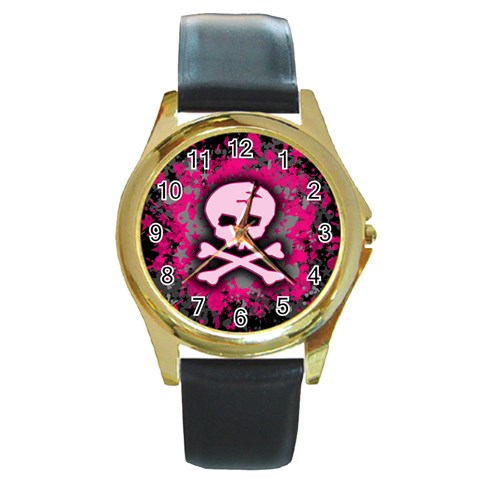 Pink Skull Star Splatter Round Gold Metal Watch from ArtsNow.com Front