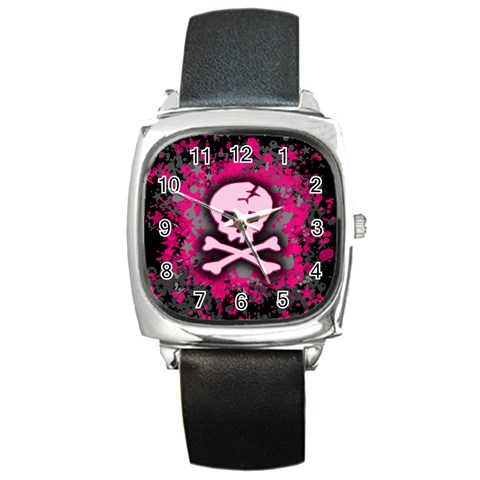 Pink Skull Star Splatter Square Metal Watch from ArtsNow.com Front