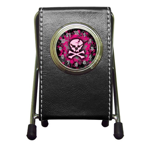 Pink Skull Star Splatter Pen Holder Desk Clock from ArtsNow.com Front