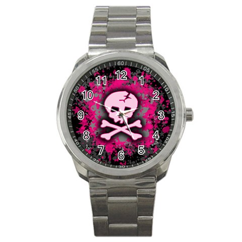 Pink Skull Star Splatter Sport Metal Watch from ArtsNow.com Front