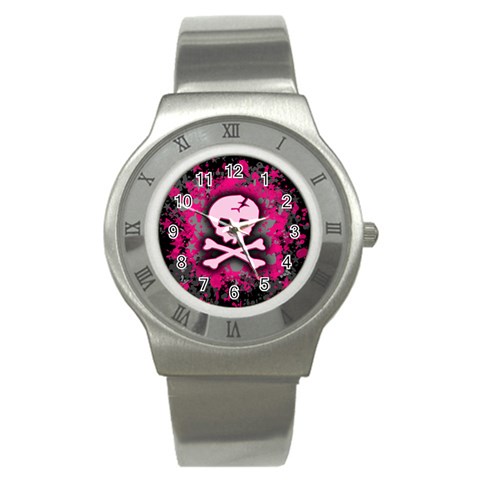 Pink Skull Star Splatter Stainless Steel Watch from ArtsNow.com Front