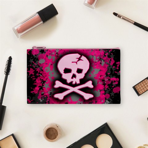 Pink Skull Star Splatter Cosmetic Bag (Small) from ArtsNow.com Front