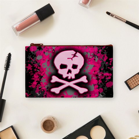 Pink Skull Star Splatter Cosmetic Bag (Small) from ArtsNow.com Front