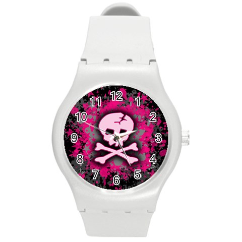 Pink Skull Star Splatter Round Plastic Sport Watch Medium from ArtsNow.com Front