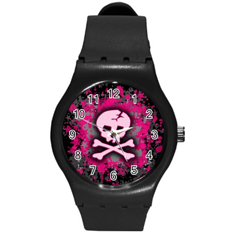 Pink Skull Star Splatter Round Plastic Sport Watch Medium from ArtsNow.com Front