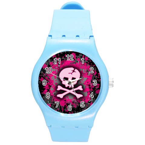 Pink Skull Star Splatter Round Plastic Sport Watch Medium from ArtsNow.com Front