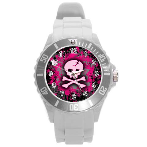 Pink Skull Star Splatter Round Plastic Sport Watch Large from ArtsNow.com Front