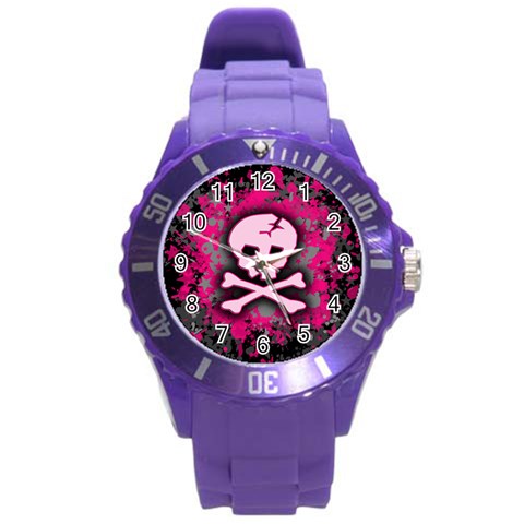 Pink Skull Star Splatter Round Plastic Sport Watch Large from ArtsNow.com Front