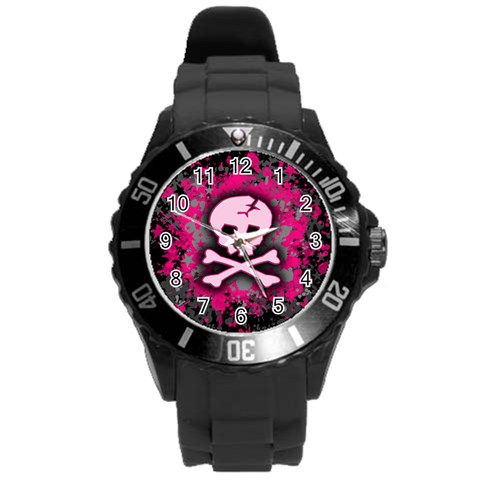 Pink Skull Star Splatter Round Plastic Sport Watch Large from ArtsNow.com Front