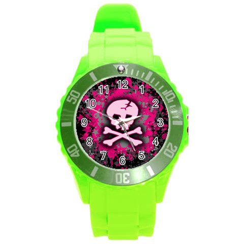 Pink Skull Star Splatter Round Plastic Sport Watch Large from ArtsNow.com Front