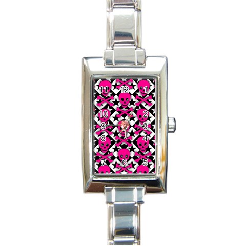 Pink Skulls & Stars Rectangular Italian Charm Watch from ArtsNow.com Front