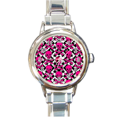 Pink Skulls & Stars Round Italian Charm Watch from ArtsNow.com Front