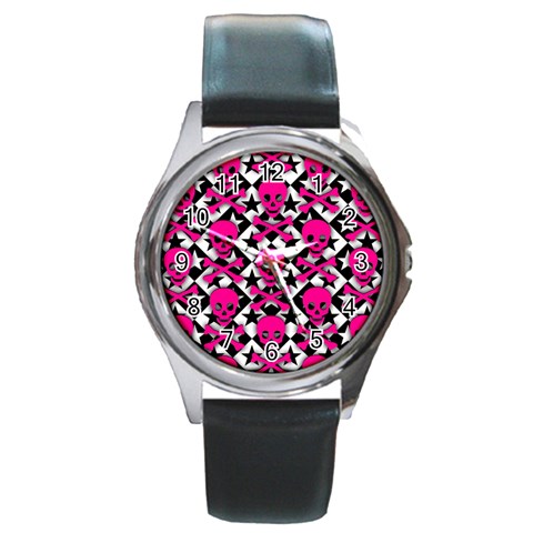 Pink Skulls & Stars Round Metal Watch from ArtsNow.com Front