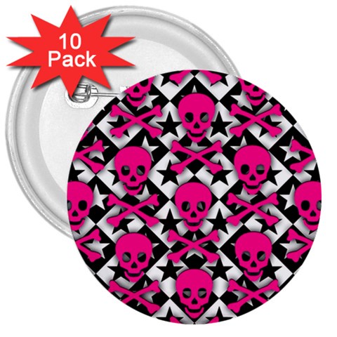 Pink Skulls & Stars 3  Button (10 pack) from ArtsNow.com Front