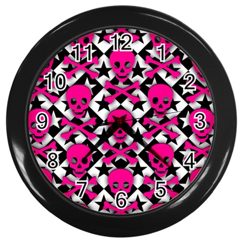 Pink Skulls & Stars Wall Clock (Black) from ArtsNow.com Front