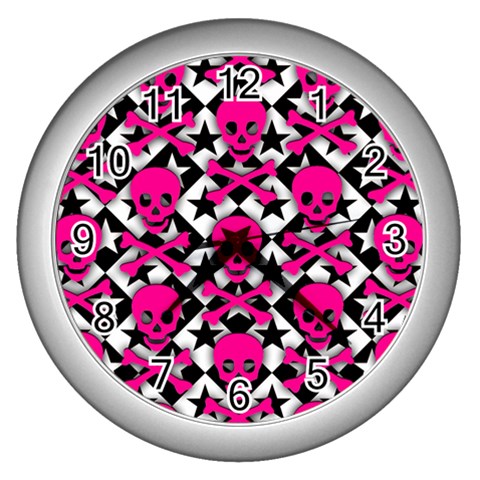 Pink Skulls & Stars Wall Clock (Silver) from ArtsNow.com Front