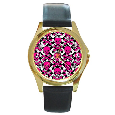 Pink Skulls & Stars Round Gold Metal Watch from ArtsNow.com Front